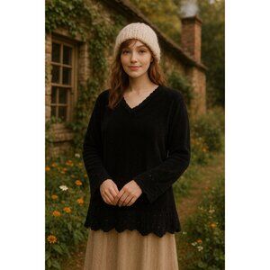 Bobbie Brooks Black Crochet Trim Chenille Long Sleeve V-Neck Sweater XL Womens